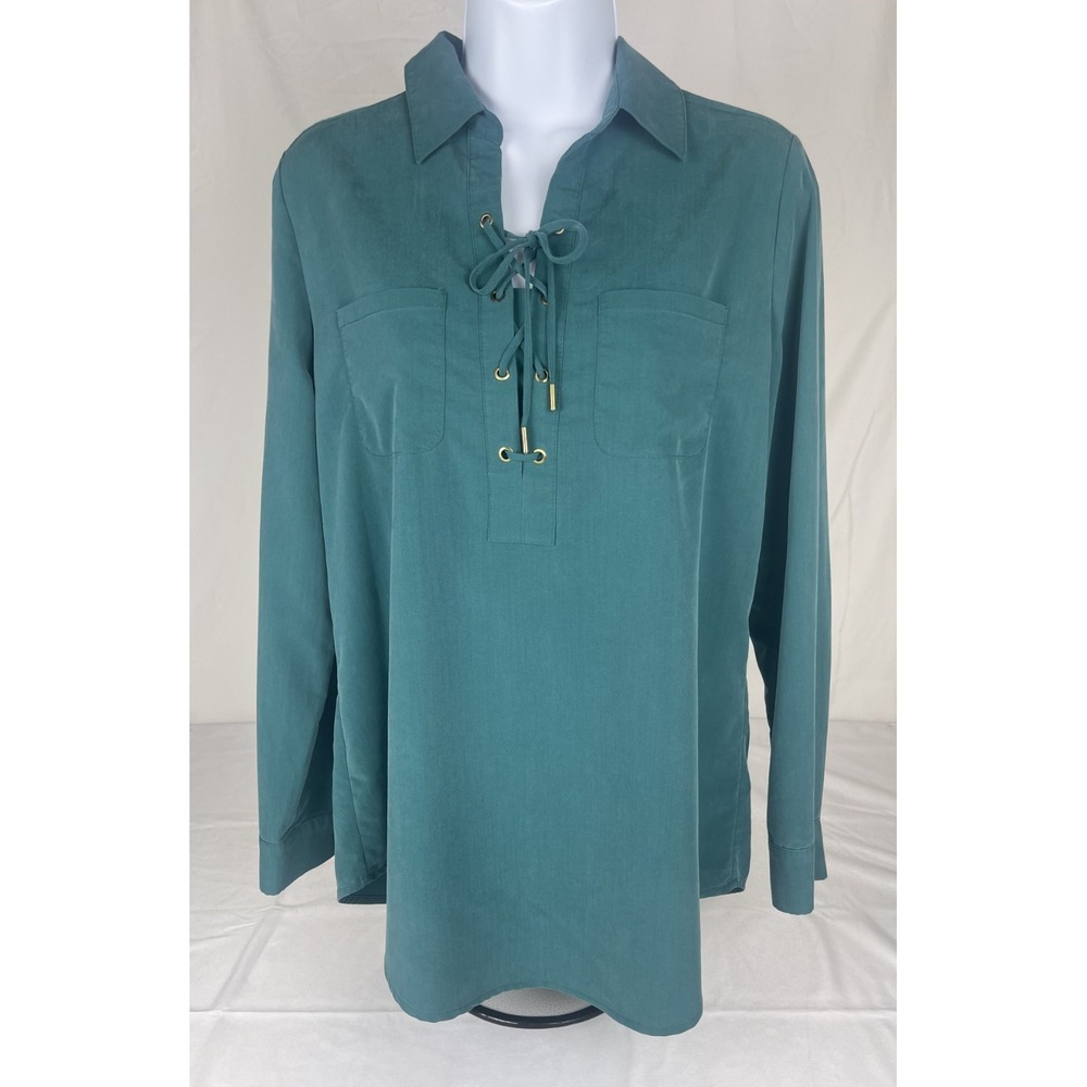CHICOS WOMENS SIZE 0 TEAL LACE UP BLOUSE LONG SLEEVE COLLARED‎ STRETCH TOP